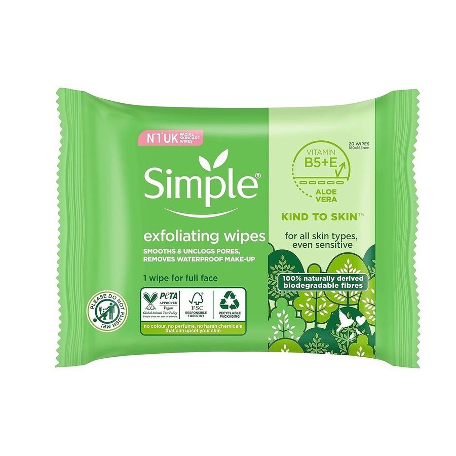 Simple Simple biodegradable Exfoliating Face Wipes cleansing wipes to smooth skin and unclog pores for sensitive skin 20 wipes 20wipes wholesale case