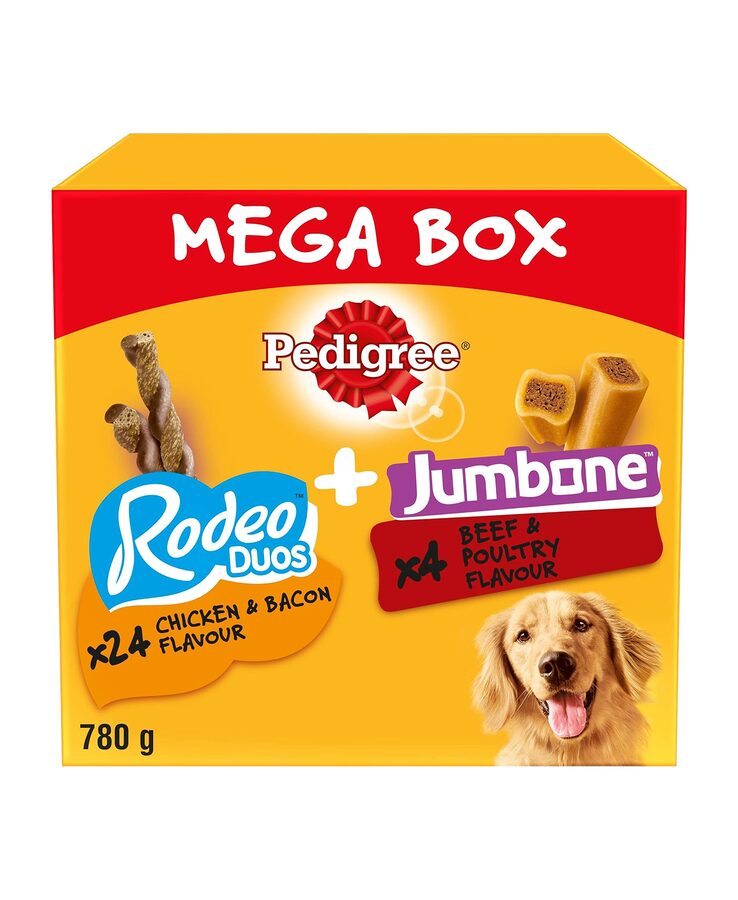 Pedigree Pedigree Multipack with 24 Rodeo Duos Chicken and Bacon Flavour and 4 Jumbone Beef and Poultry Flavour wholesale case