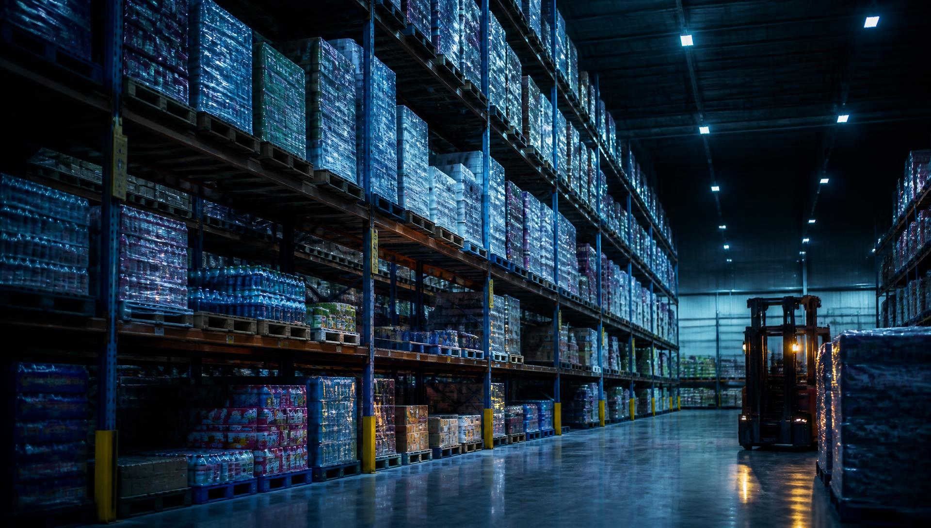 Wholesale distribution warehouse with pallets of branded consumer goods